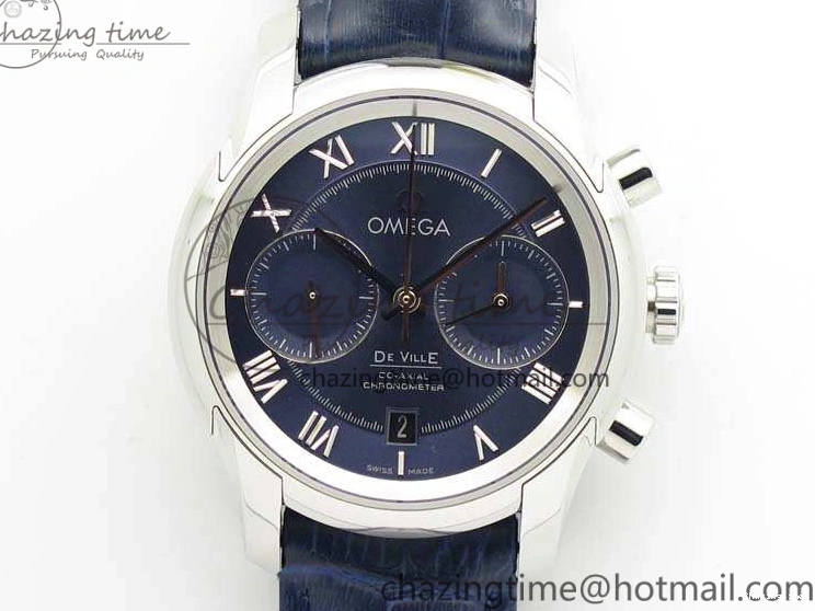 0308 MoistureWicking De Ville Chronograph SS OMF 1:1 Best Edition Blue Dial On Blue Leather Strap A 8110